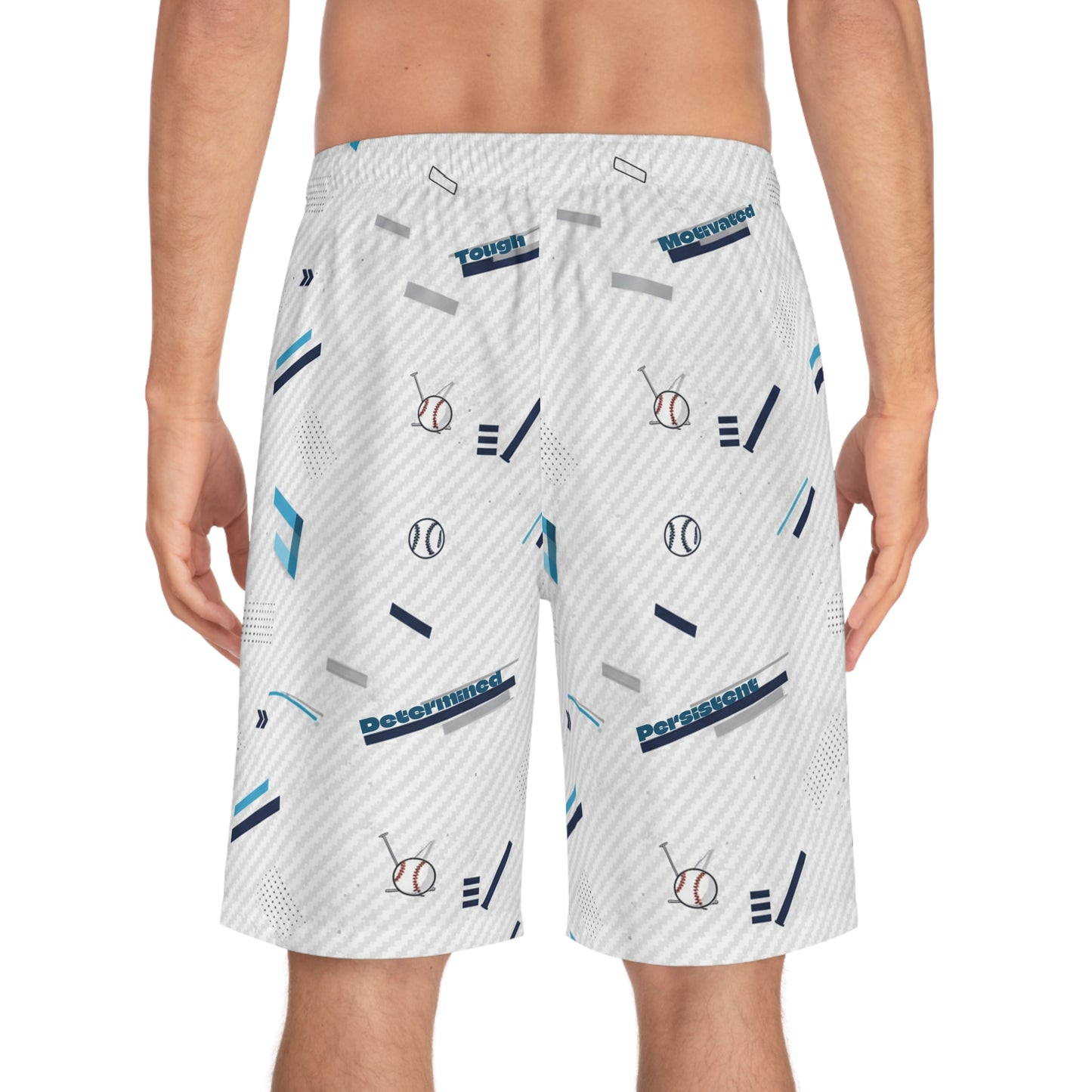 Baseball Pattern Board Shorts — Men's All-Over Print with Motivational Words