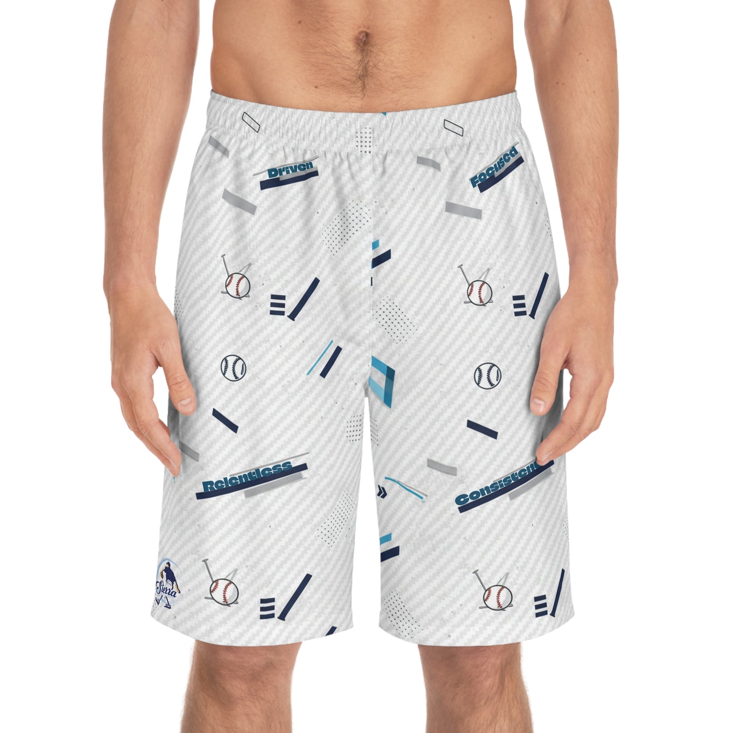 Baseball Pattern Board Shorts — Men's All-Over Print with Motivational Words